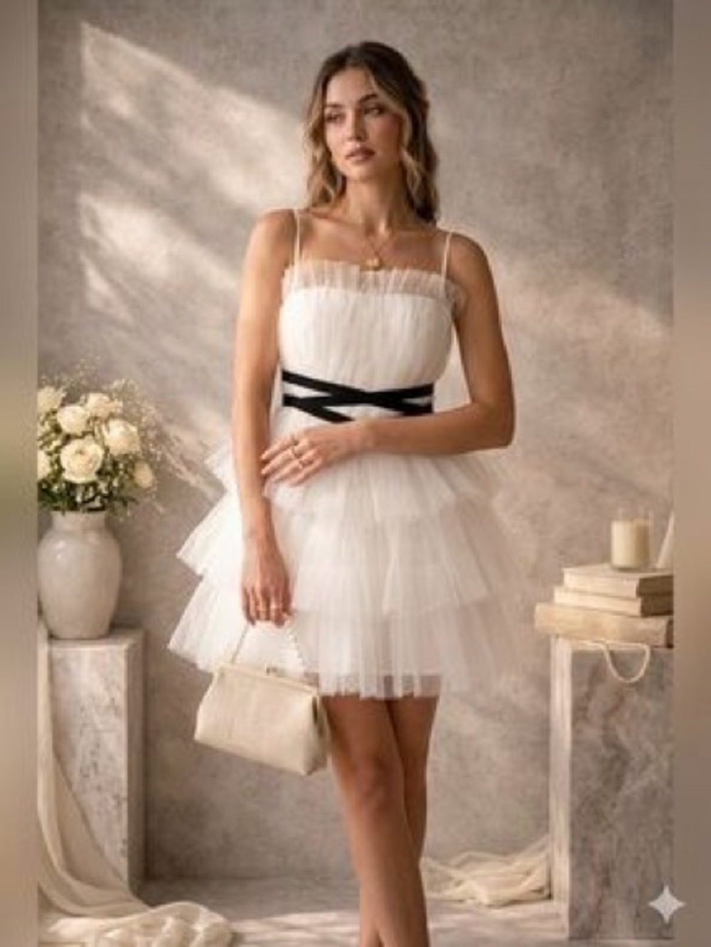 NWT Anthropologie Maeve Tiered Strapless Tulle Pearl Belted Mini Dress White 8